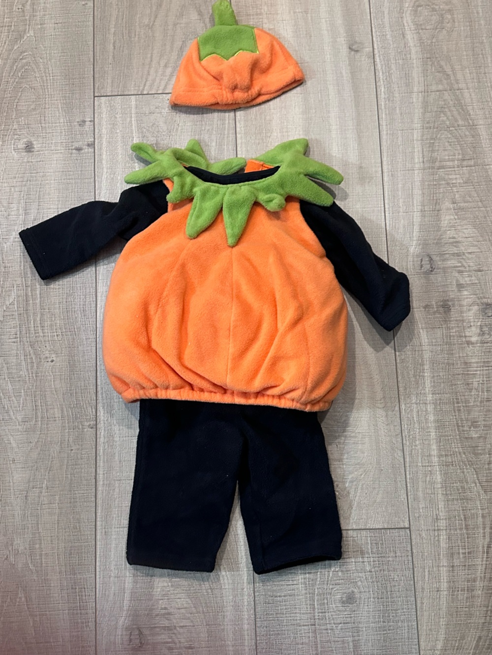Old Navy Orange Pumpkin Plush Toddler Costume with Green Leaf Collar and hat
